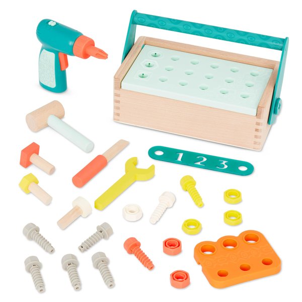 B. toys- Fix ‘n’ Play Kit- Pretend Play Tool Box – Wooden Toolbox & Accessories (25 Pcs) – Carpenter Set for Kids – Play Set with Drill, Hammer, Screwdriver & More – 3 Years +