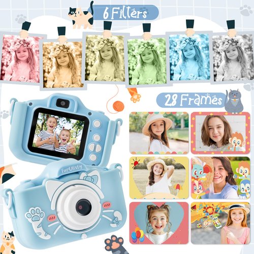 FurUlixty Upgraded Kids Camera Toys - Kids Digital Camera with Soft Silicone Cover, 1080P HD Selfie Video Camera for Boy Girl Toddler, with 64G SD Card, 3Hrs of Ultra-Long Battery Life (Azure Cat)