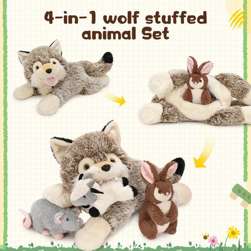 Karister 4Pcs Wolf Stuffed Animals, 20" Magnetic Wolf Plush with Bunny Goat Mice in Giant Coyote's Zippered Belly, Christmas Birthday for Boys Girls Kids, Wildlife Party Decor