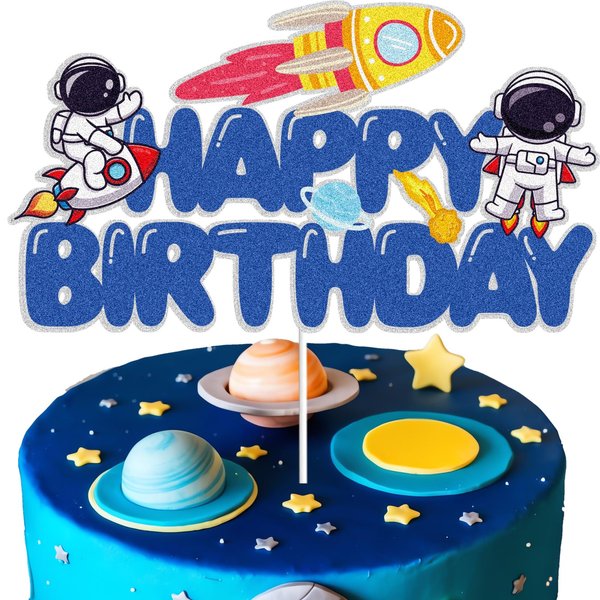 Outer Space Happy Birthday Cake Topper Blue Glitter Cake Decorations Spaceship Aliens Astronaut Rocket Solar System Planet Galaxy Boys Girls Kids Themed Birthday Outer Space Party Supplies