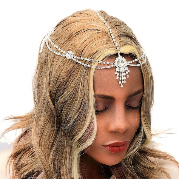 Fdesigner Crytsal Head Chain Silver Gypsy Tassel Hair Chain Rhinestone Bride Wedding Headpieces Prom Party Costume Hair Accesoires for Women and Girls