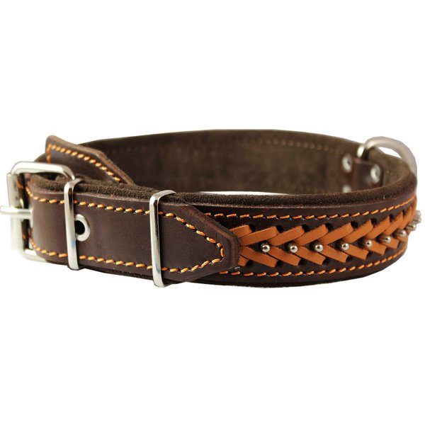 Genuine Leather Braided Studded Dog Collar, Brown 1.5" Wide. Fits 17"-22" Neck.
