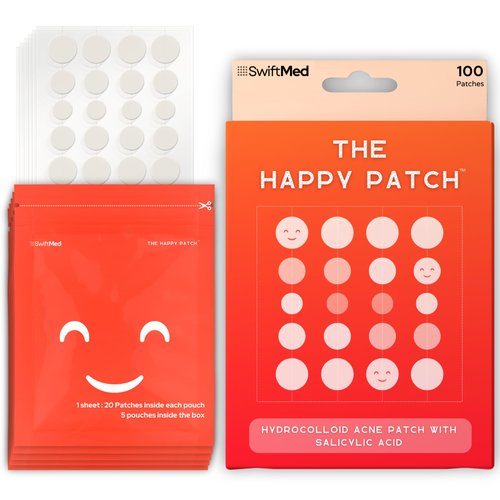 The Happy Patch - Hydrocolloid Acne Patch with Salicylic Acid for Face, Blemishes, Zits Absorbing Patch, Breakouts Spot Treatment for Skin Care, 3 Sizes (100 Count)