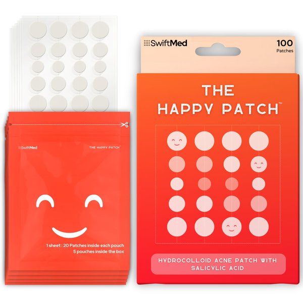 The Happy Patch - Hydrocolloid Acne Patch with Salicylic Acid for Face, Blemishes, Zits Absorbing Patch, Breakouts Spot Treatment for Skin Care, 3 Sizes (100 Count)