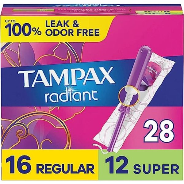 Tampax Radiant Tampons Multipack With Leakguard Braid, Regular/Super Absorbency, With Leakguard Braid, Unscented, 28 Count