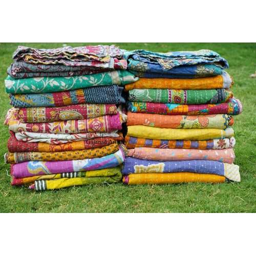 Gajanad Artistry One Piece Vintage Kantha Quilts Reversible Bohemian Home Decor Handmade Indian Blanket Twin Size 85X55 Inches Assorted Multicolor