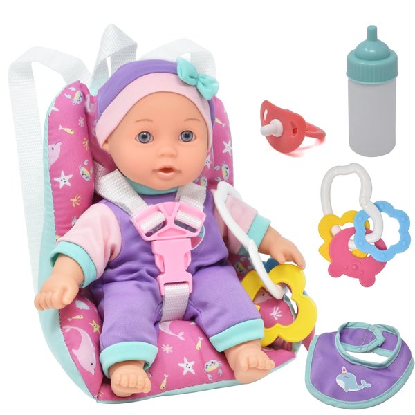 Soft Body Baby Doll for Toddlers with Take Along Doll Backpack Carrier Accessories, Interactive 10 Inch Infant Doll with Car Booster Seat for Girls 2 3 4 5 Year Old