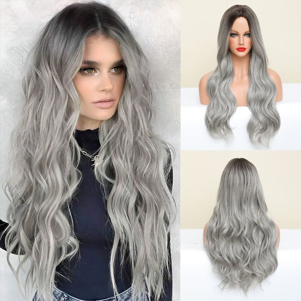 ISHINE 24 inch Long Omber Silver Grey Wig, Middle Part Natural Looking Synthetic Wig, Curly Wavy Wigs, Hair Replacement Wigs for Daily Cosplay Party Halloween Costume (Ombre Silver Grey)