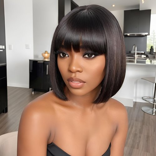 BAOHUKE 10 Inch Yaki Straight Bob Wig With Bangs Human Hair Glueless 2x1 Closure HD Lace Short Black Bob Wigs With Bang Human Hair Ready to Go 180% Density For Black Women