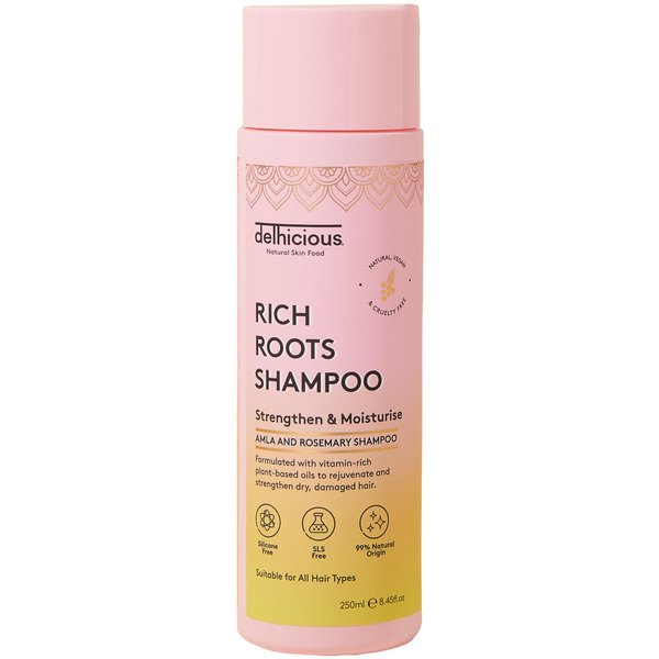 Delhicious Amla Oil & Rosemary Oil Shampoo for Hair Growth - Rich Roots Hair Loss Treatment for Thinning Hair - Nourishes Dry Scalp, Brightens Dull Hair - Natural, Vegan, Ayurveda - 250ml