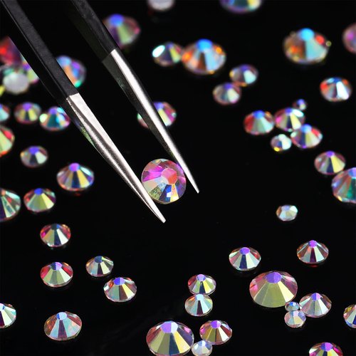1728 Pieces Crystals Nail Art Rhinestones Round Beads Flatback Glass Charms Gems Stones and 2 Pieces Tweezers with Storage Organizer Box, SS3 6 10 12 16 20, 288 Pieces Each Size (Crystal AB)