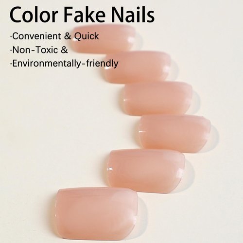 Short Press on Nails Solid Skin Tone Glossy Gel Square Acrylic Fake Nails Solid Skin Tone Color Supremely Natural Fit Reusable Glue Stick On Nails for Women Nail Art Kit for Summer Holiday 24pcs