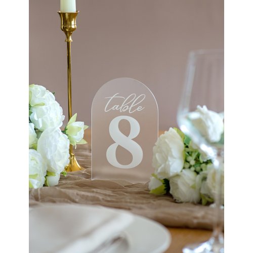 Frosted Wedding Table Numbers w/Stands 1-15, Bold, White Print 4x6 Arch Acrylic - Elegant & Sturdy Reusable for Reception Centerpiece