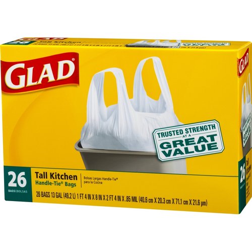 Glad Tall Kitchen Handle-Tie Trash Bags, White, 13 Gallon, 26 Count