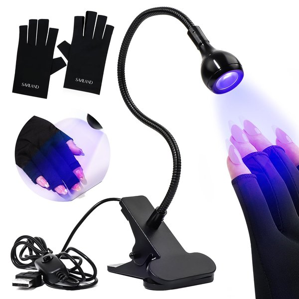 SAVILAND U V Light for Nails with U V Gloves – Black Nail Lamp with Fingerless Gloves for Women U V Light Nail Supplies U V Gloves for Nails U V Light for Gel Nails for Gel Polish Accessories