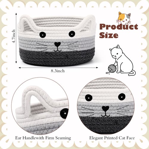 Zopeal Cat Basket Storage Woven Basket Organizer with Ears Decorative Pet Toy Cute Basket Cotton Rope Basket for Gift Cat Dog Toy Bin Nursery Room Kid (White, Light Gray and Gray,8.3 x 4.7 Inch)