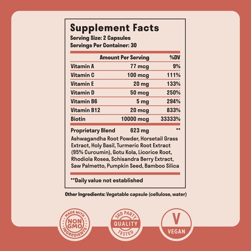 Hair Vitamins - Biotin 10000mcg with Vitamins & Adaptogens for Hair Growth, Hair Care, Hair Skin and Nails, Hair Skin and Nails Vitamins, Biotin Supplement, Hair Growth Vitamins, Biotin - 60 Capsules