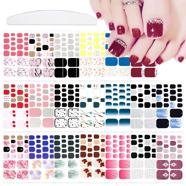 YECIRALA 20 Sheets 440 Pcs Self Adhesive Toe Nail Polish Stickers Full Nail Wraps for Women Girls Glitter Gradient Toenails Stickers Gel Nail Strips Nail Polish Stickers for Toes Nails Stick On Nails