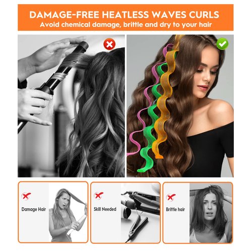 42 Pieces Heatless Waves Hair Curler, No Heat Damage Wavy Hair Curlers with 2 Sets of Styling Hooks, Heatless Curls for Women Girls Long Medium Short Hair(4 Colors,30cm/ 11.8")