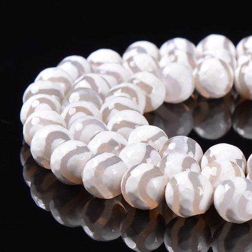 White Tibetan Agate with Wavy Stripe Faceted Round 8mm 15.5" Strand