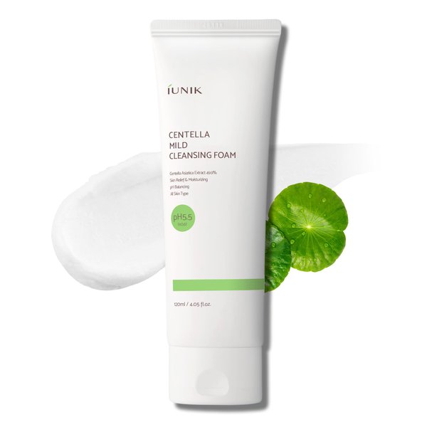 IUNIK Centella Mild Facial Foaming Cleanser - Non-stripping Sub-Acid w/Centella Asiatica 49% Moisturizing pH Balancing for Oily Dry Senstivie Acne-prone skin Vegan Korean Skincare