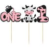 Ephlyn 24Pcs Cow First Birthday Cupcake Toppers Glitter Farm Animals Moo One Cupcake Pick Decorations for Baby Shower 1st Birthday Party Supplies Pink