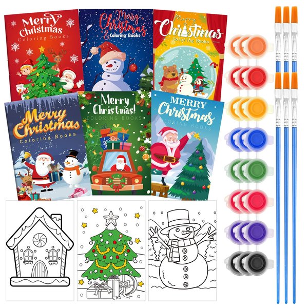 Sotiff 72 Pcs Christmas Coloring Books for Kid Party Favors Set with 24 Drawing Book 24 Paint Brushes 24 Pigment Mini Xmas Holiday Activity Books for Stockings Gifts Stuffers Xmas Classroom Game Party