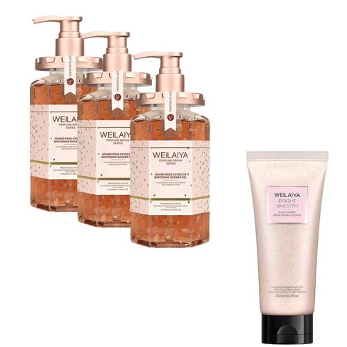 3X Damask Weilaiya Grand Rose Extract Shower Gel 450mL each+FREE Weilaiya Niacinamine Pecan Body Scrub 200mL