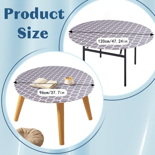 Waterproof Round Tablecloth, Elastic Edged Round Calibre Wipeable Table Cover, Grey Reusable Plastic Oilcloth for Dinning Home Coffee Restaurant Party (120cm/47in)