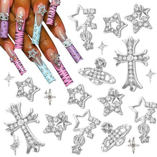 42PCS 3D Star Nail Charms and Gems Silver Rhinestones for Nails Y2K Nail Jewels for Nail Art Cute Crystal Diamond Star Charms for Nails