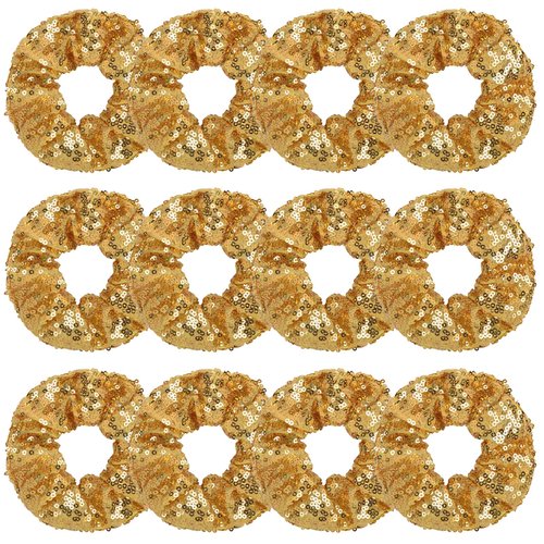 12 Pcs Sparkle Sequins Scrunchies Cheer Hair Scrunchies For Thick Hair School Performance Scrunchy Sports Ponytail Holder Wrist for Girls Cosplay Show (Gold)