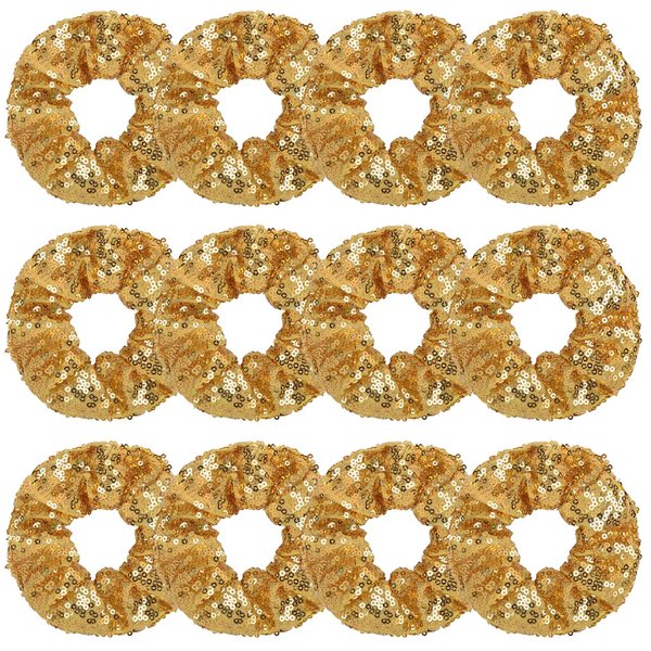 12 Pcs Sparkle Sequins Scrunchies Cheer Hair Scrunchies For Thick Hair School Performance Scrunchy Sports Ponytail Holder Wrist for Girls Cosplay Show (Gold)