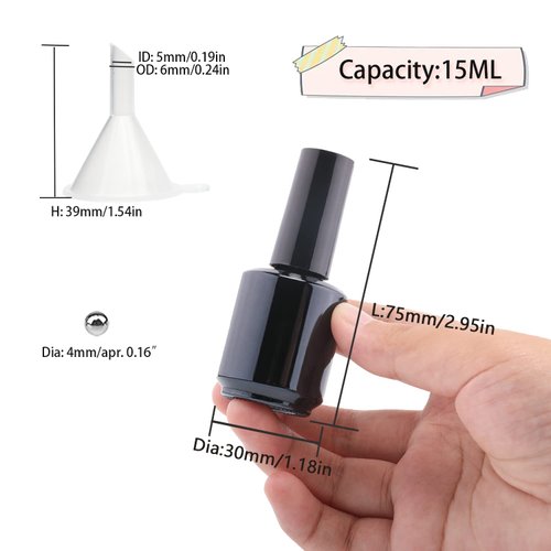Agidea Empty Gel Nail Polish Bottles, 15ML Empty Nail Polish Bottles with Brush Black, Opaque Round Refillable Fingernail Polish Bottles UV Safe with Mixing Balls & Funnels, Pack of 6