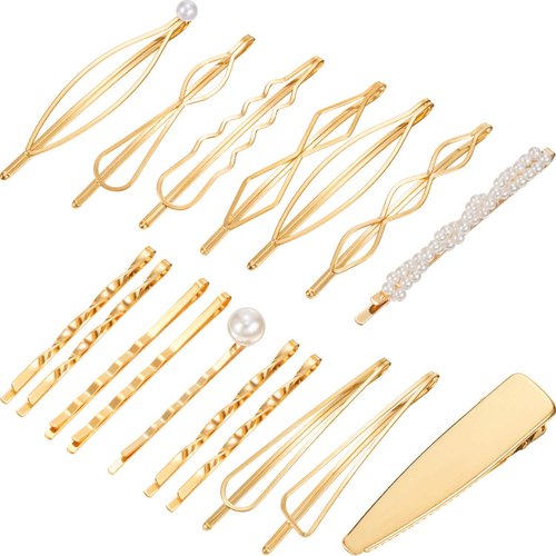 17 Pieces Gold Hair Pins Set Geometric Clips Bobby Pin Barrettes Metal Gold Decorative Hair Styling Jewelry Clamps Accessories for Girl Women Wedding Parties