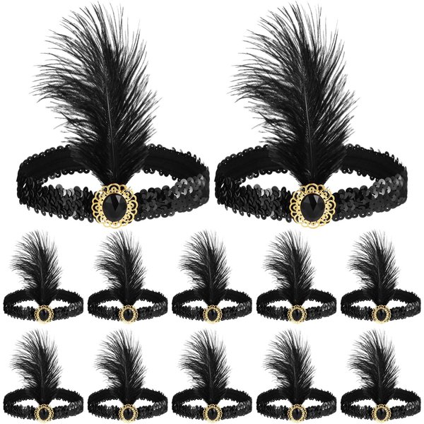 Tideme 12 PCS 1920s Flapper Headbands, Vintage Black Feather Headpieces for Women, Classical Feather Headbands Hair Accessories