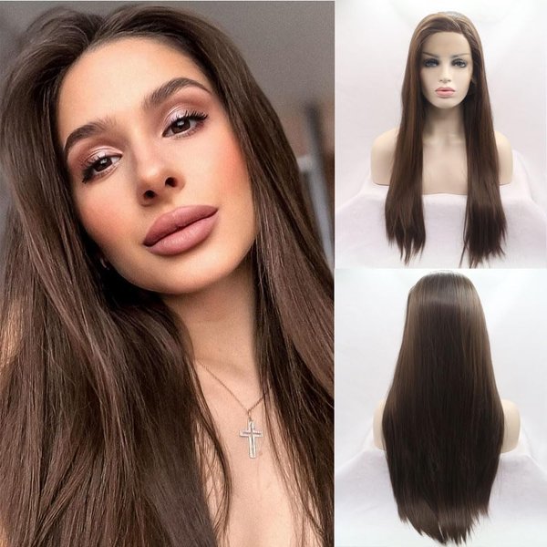 Xiweiya 6# Brown Lace Wig Long Silky Straight 13x3 Lace Chocolate Brown Lace Front Wig Heat Resistant Fiber Hair for Women Daily Wear Wig 24inch