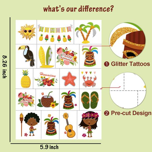 Partywind 38 Styles Glitter Metallic Temporary Tattoos for Kids, Hawaiian Luau Birthday Party Decorations, Tropic Summer Pool Beach Party Supplies Favors for Kids Boys Girls Adults