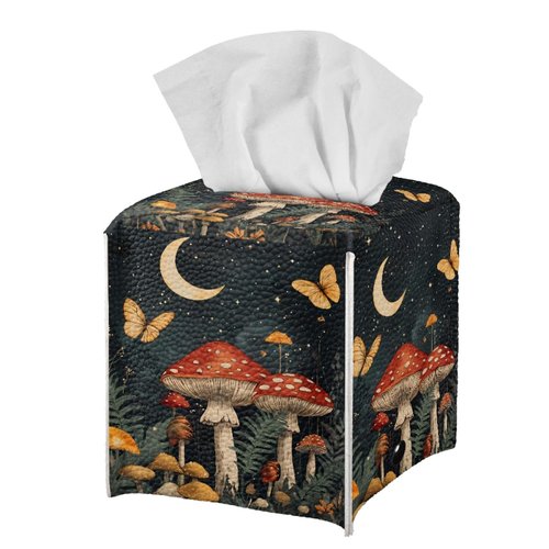 Eheartsgir Butterfly Mushroom Pattern Square Tissue Box Cover Facial Napkin Holder Easy to Use Dust-Proof Tissue Case for Living Room Office Bathroom