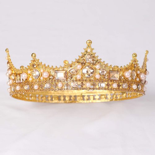 FORSEVEN King Crown for Men Crown Royal Costume Accessory Prom Tiara Baroque Vintage Crystal Pearl Bridal Wedding Tiaras Birthday Party Round Crowns (Gold)