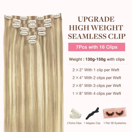 GOO GOO Clip in Hair Extensions Real Human Hair, 18inch 130g 7Pcs, 18A/613A Dark Blonde Highlighted Bleach Blonde, Remy Human Hair Extensions Clip ins for Women, Natural Human Hair