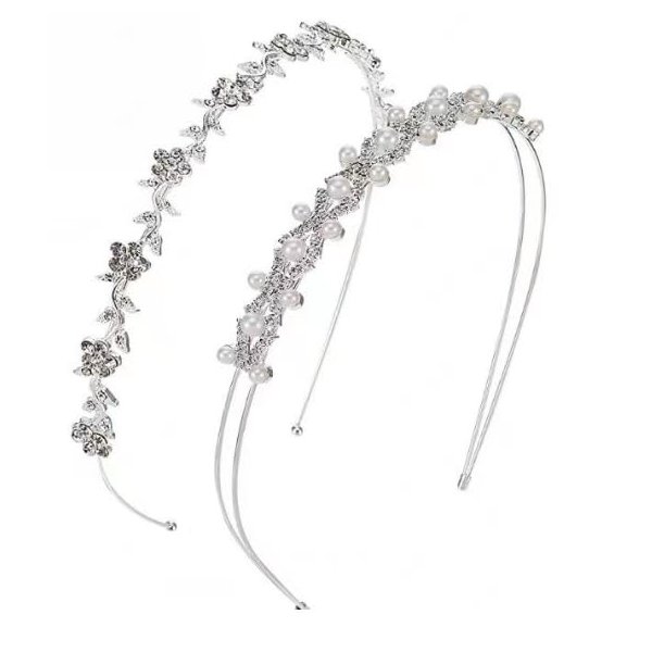 Generic Veewon 2pcs Rhinestone Bridal Crystal Women's Headband Girl Pearl Crown Hair Band Accessories Headpiece Tiara, silver