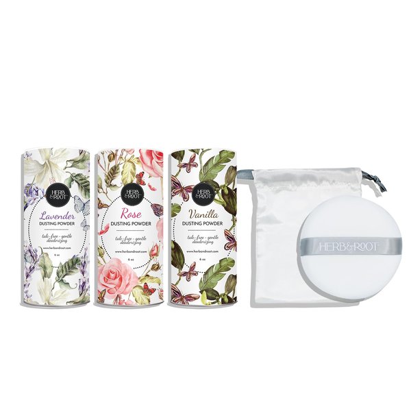 Herb & Root Talc-Free Body Powder Gift Set (Oprah's Favorite Things): Lavender, Rose, Vanilla Scents with Puff - Organic Arrowroot, Cornstarch, Dusting & Foot Powder for Women & Men