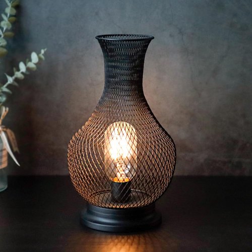 TRIROCKS Metal Battery Operated Lamp 11'' Tall Vase Shape Mesh Cordless Decorative Lamp with LED Edison Bulb Decorative Lights for Christmas Living Room Corner Tabletop Indoors Outdoors (Black)