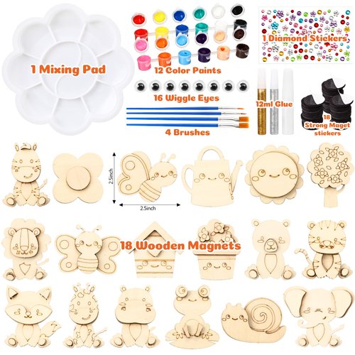 Relaxweex 18 Pcs DIY Wooden Magnets Painting Kit, Forest Animals Arts and Crafts Supplies Painting Craft Activities Kit for Family Crafts Gifts Birthday Christmas Basket Stuffers Party Favors