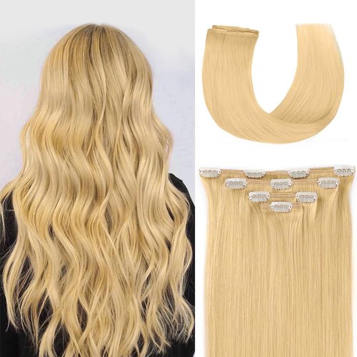 12" Hair Extensions Clip in Human Hair for Women Beauty - Silky Straight Short Clip on Hair Pieces 50grams 4pieces Bleach Blonde #613 Color