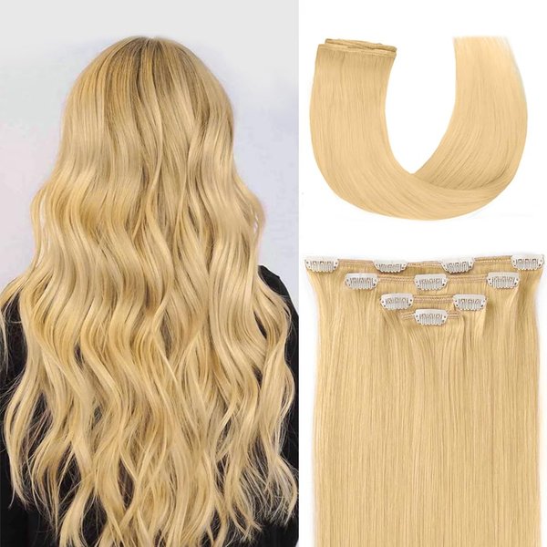 12" Hair Extensions Clip in Human Hair for Women Beauty - Silky Straight Short Clip on Hair Pieces 50grams 4pieces Bleach Blonde #613 Color