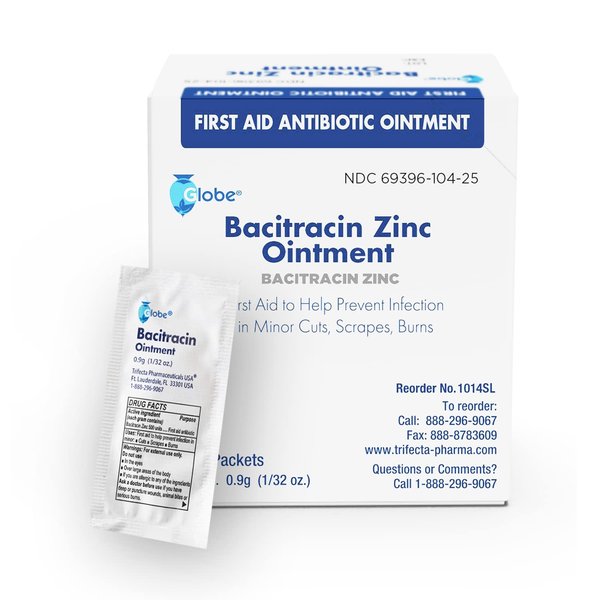 (25 Pack) Globe Bacitracin Zinc Ointment 0.9g Single Packets. First Aid Ointment to Prevent and heal infections for Minor cuts, scrapes and Burns.