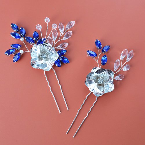 Wedding Hair Accessories for Brides, Beusoulover Bridal Hair Accessories 2 Pieces Sapphire Blue Crystal Hair Pieces, Handmade Rhinestone Bridal Hair Pins for Women, Girl, Brides, Bridesmaids, Prom,
