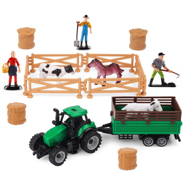 deAO Farm Toys Playset Plastic Animals Figurines, Fence Farm and Farm Tractor Playset Farm Figures Farmer Vehicle Toy Learning Educational Toy Playset Boys Girls Aged 3+