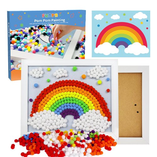 Funto Rainbow Pom Pom Painting Art Kit - 1100+ Colorful Pom Poms and Supplies Included, Canvas and Premium Frame for Home Decor, DIY Painting for Kids and Adults, Perfect Craft Projects for Beginners